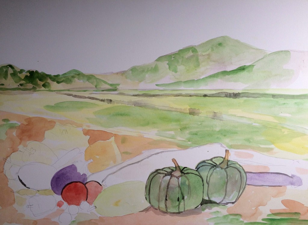こちらは福・ケッチァーノに飾る農園の絵。まだ途中、今やってます、今やってます、今描いてます！