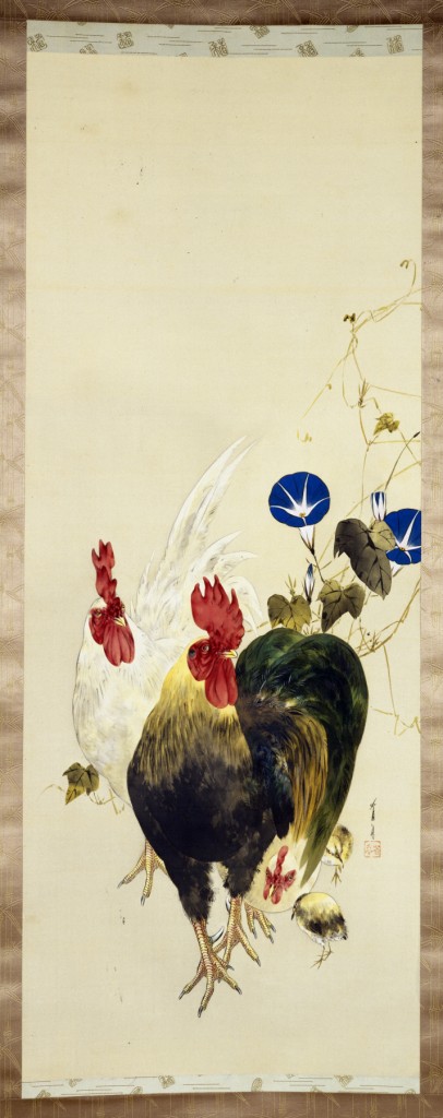 Watanabe_Seitei_-_Roosters,_Chicks,_and_Morning_Glories_-_Walters_35132